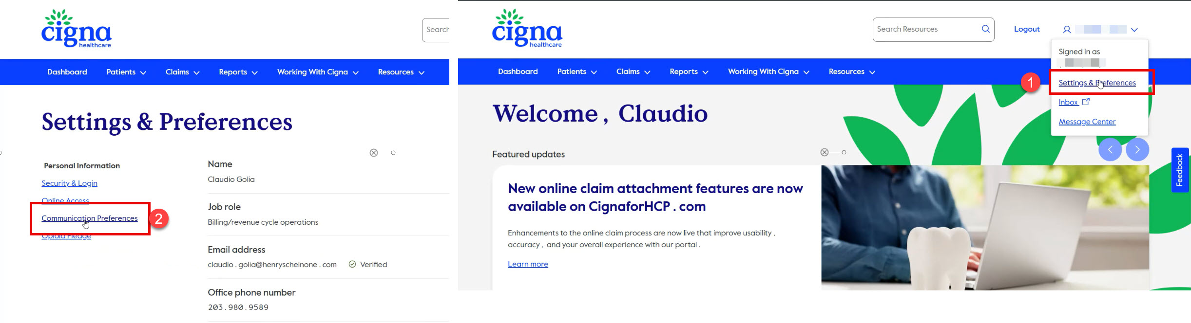 Cigna Settings and Preferences Menu